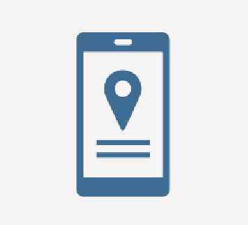Symbol eines Smartphones mit einem Standort-Pin auf dem Bildschirm, dargestellt in blauer Farbe.